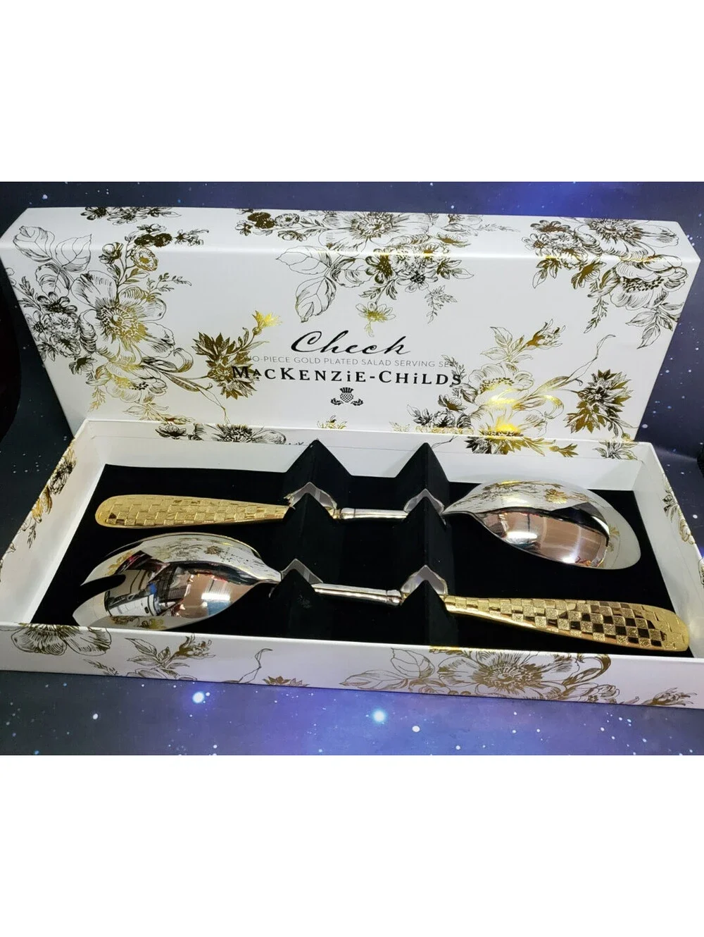 McKenzie Childs Gold Plated Salad Serving Set NEW IN BOX Check Pattern